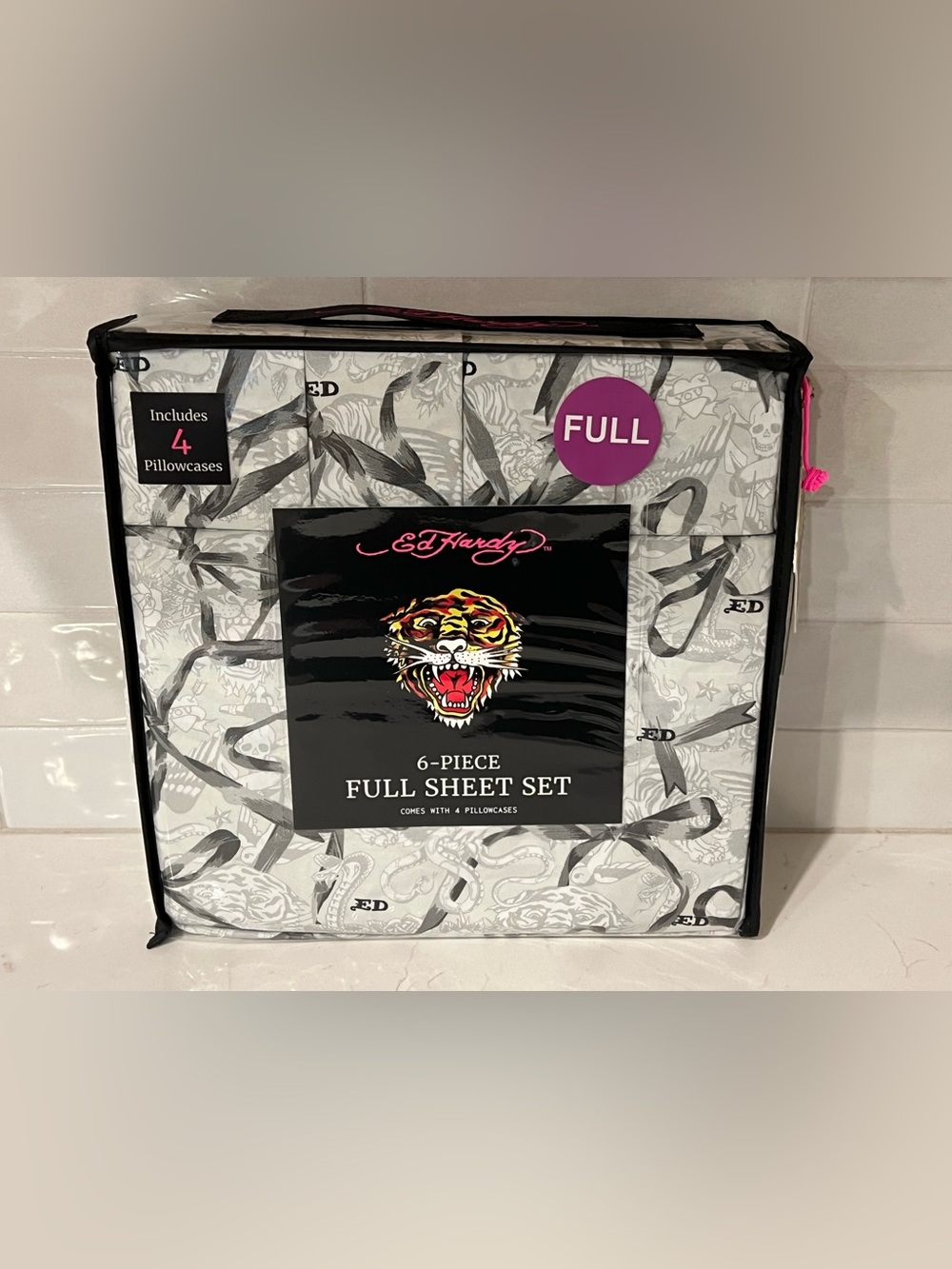 ED HARDY FULL Sheet Set 6pc New Skull Snake Bows Tattoo Grunge Y2K White Gray